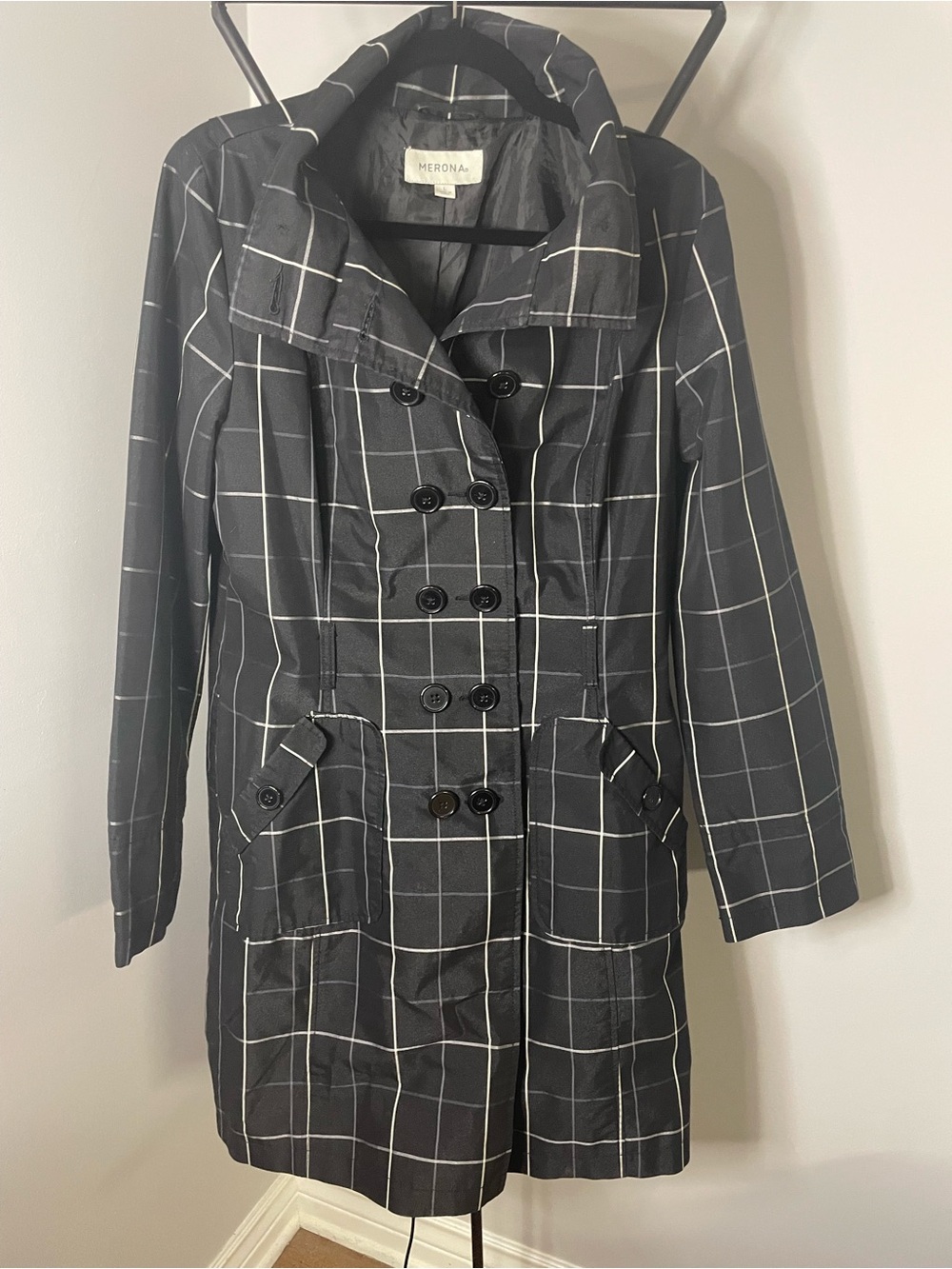 Merona Black Windowpane Double-Breasted Trench Coat